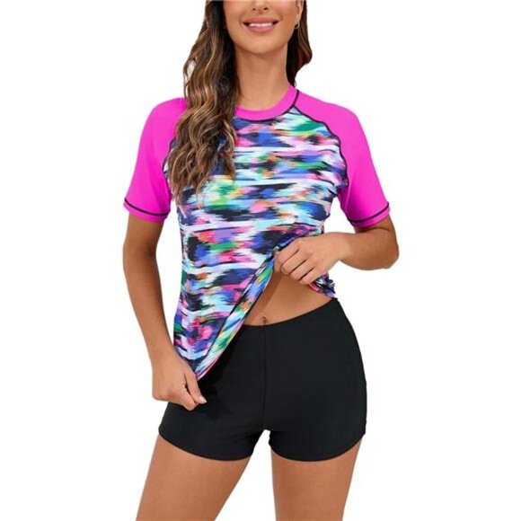 Women's UPF 50 Two Piece Rash Guard Swimsuit Built-in Bra Top & Board Shorts - Picture 1 of 7